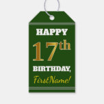 [ Thumbnail: Green, Faux Gold 17th Birthday + Custom Name Gift Tags ]