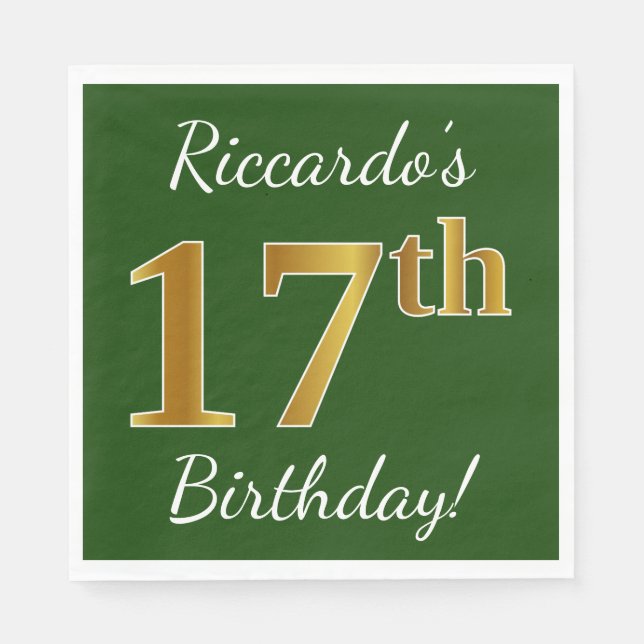 Green, Faux Gold 17th Birthday + Custom Name Paper Napkins (Front)