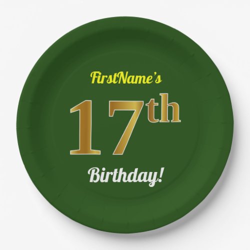 Green Faux Gold 17th Birthday  Custom Name Paper Plates