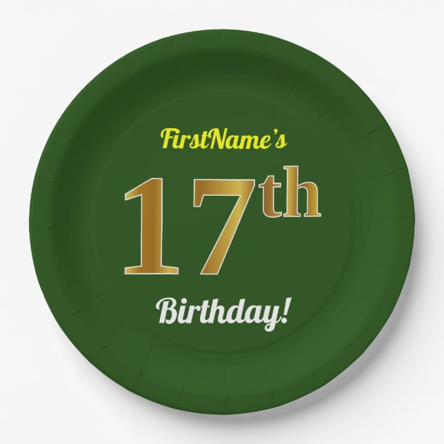 Green, Faux Gold 17th Birthday + Custom Name Paper Plates (Front)