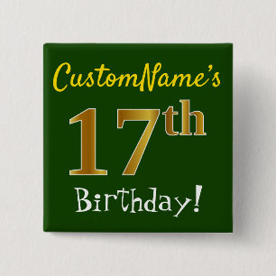 Green, Faux Gold 17th Birthday, With Custom Name Button