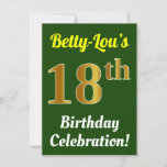 [ Thumbnail: Green, Faux Gold 18th Birthday Celebration + Name Invitation ]