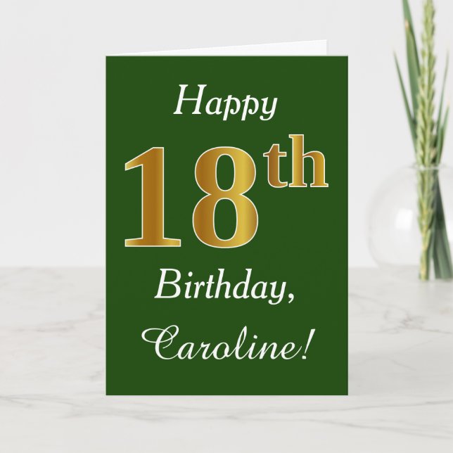 Green, Faux Gold 18th Birthday + Custom Name Card (Front)
