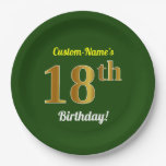 [ Thumbnail: Green, Faux Gold 18th Birthday + Custom Name Paper Plates ]