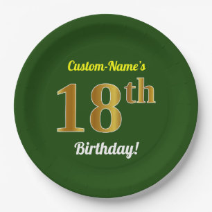 Green, Faux Gold 18th Birthday + Custom Name Paper Plates