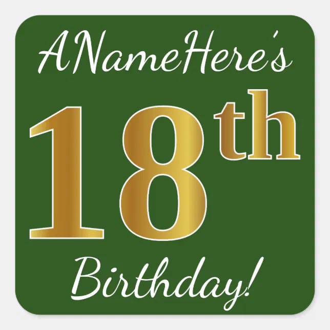 Green, Faux Gold 18th Birthday + Custom Name Square Sticker | Zazzle