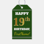 [ Thumbnail: Green, Faux Gold 19th Birthday + Custom Name Gift Tags ]