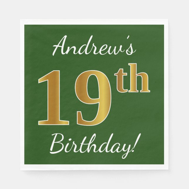 Green, Faux Gold 19th Birthday + Custom Name Napkins (Front)
