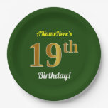 [ Thumbnail: Green, Faux Gold 19th Birthday + Custom Name Paper Plates ]