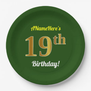 Green, Faux Gold 19th Birthday + Custom Name Paper Plates