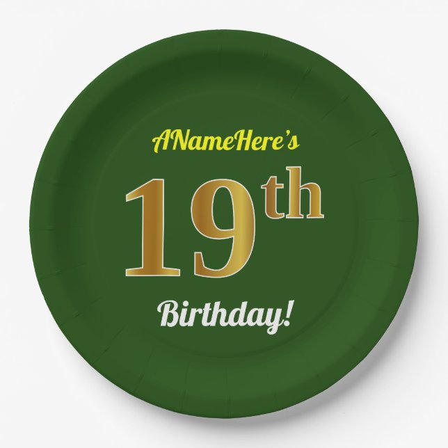 Green, Faux Gold 19th Birthday + Custom Name Paper Plates (Front)