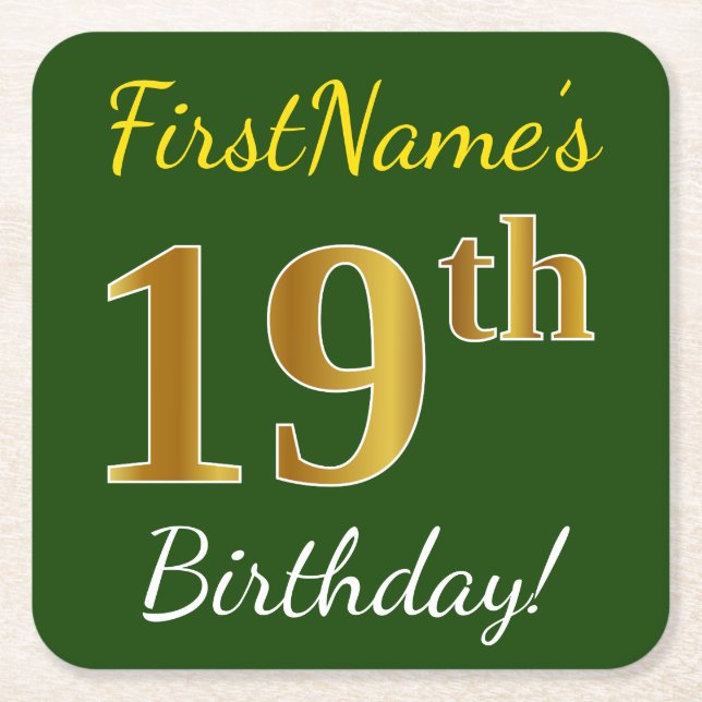 Green, Faux Gold 19th Birthday + Custom Name Square Paper Coaster (Front)