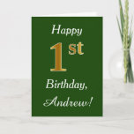 [ Thumbnail: Green, Faux Gold 1st Birthday + Custom Name Card ]