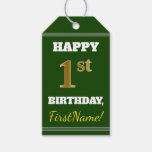 [ Thumbnail: Green, Faux Gold 1st Birthday + Custom Name Gift Tags ]