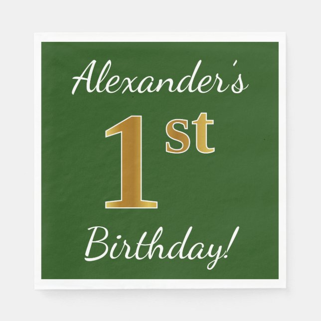 Green, Faux Gold 1st Birthday + Custom Name Napkins (Front)