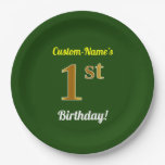 [ Thumbnail: Green, Faux Gold 1st Birthday + Custom Name Paper Plates ]