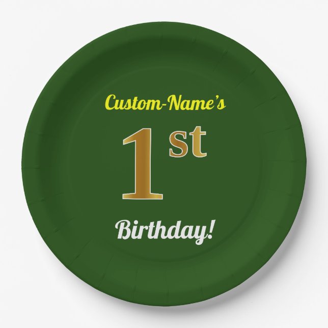 Green, Faux Gold 1st Birthday + Custom Name Paper Plates (Front)