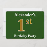[ Thumbnail: Green, Faux Gold 1st Birthday Party + Custom Name Invitation ]