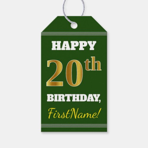 Green Faux Gold 20th Birthday  Custom Name Gift Tags