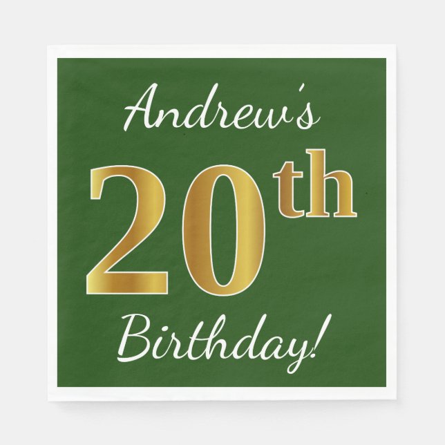Green, Faux Gold 20th Birthday + Custom Name Napkins (Front)