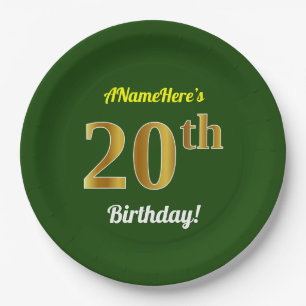 Green, Faux Gold 20th Birthday + Custom Name Paper Plates