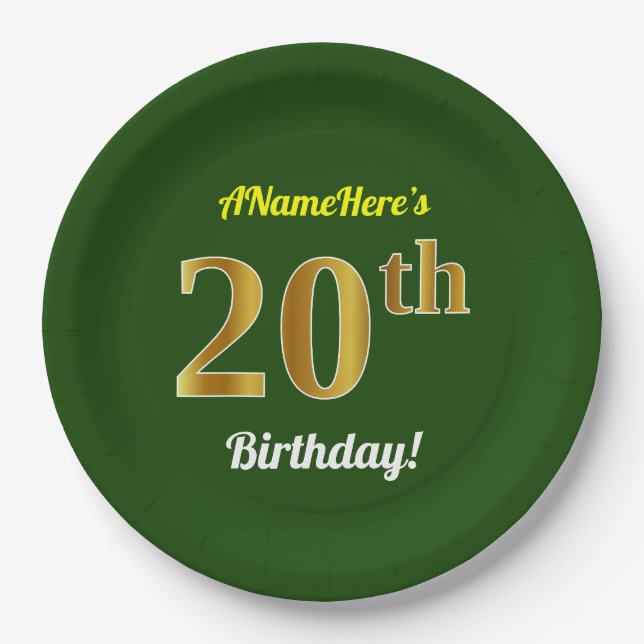 Green, Faux Gold 20th Birthday + Custom Name Paper Plates (Front)