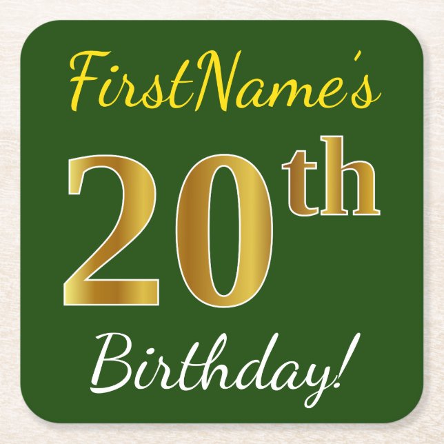 Green, Faux Gold 20th Birthday + Custom Name Square Paper Coaster (Front)