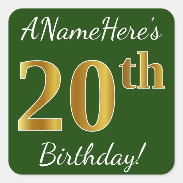 Green, Faux Gold 20th Birthday + Custom Name Square Sticker (Front)