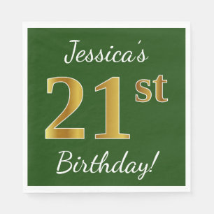 Green, Faux Gold 21st Birthday + Custom Name Napkins