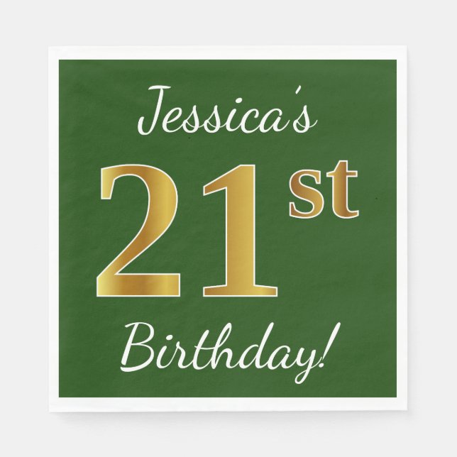 Green, Faux Gold 21st Birthday + Custom Name Napkins (Front)