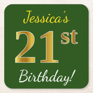 Green, Faux Gold 21st Birthday + Custom Name Square Paper Coaster