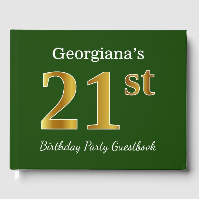 Green, Faux Gold 21st Birthday Party + Custom Name Guest Book (Front)