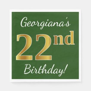 Green, Faux Gold 22nd Birthday + Custom Name Napkins
