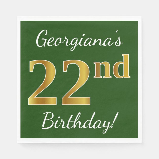 Green, Faux Gold 22nd Birthday + Custom Name Napkins (Front)