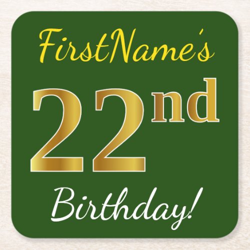 Green Faux Gold 22nd Birthday  Custom Name Square Paper Coaster