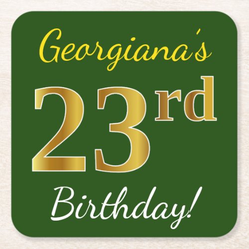 Green Faux Gold 23rd Birthday  Custom Name Square Paper Coaster