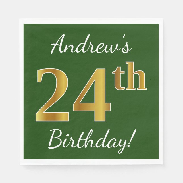 Green, Faux Gold 24th Birthday + Custom Name Napkins (Front)