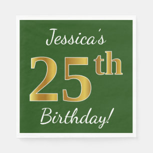 Green, Faux Gold 25th Birthday + Custom Name Napkins