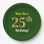 [ Thumbnail: Green, Faux Gold 25th Birthday + Custom Name Paper Plates ]