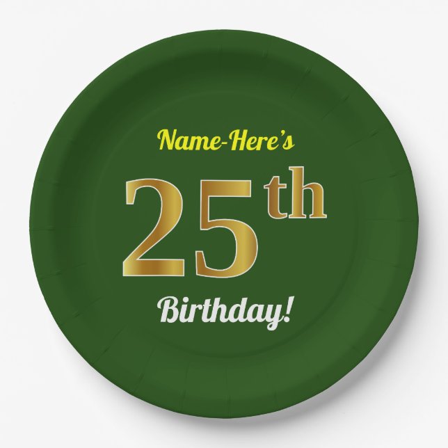 Green, Faux Gold 25th Birthday + Custom Name Paper Plates (Front)