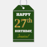 [ Thumbnail: Green, Faux Gold 27th Birthday + Custom Name Gift Tags ]