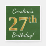 [ Thumbnail: Green, Faux Gold 27th Birthday + Custom Name Napkins ]