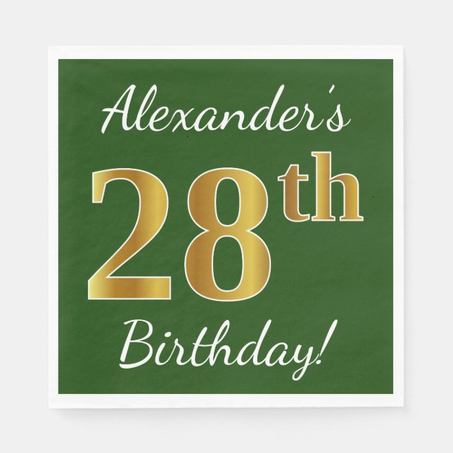 Green, Faux Gold 28th Birthday + Custom Name Napkins (Front)