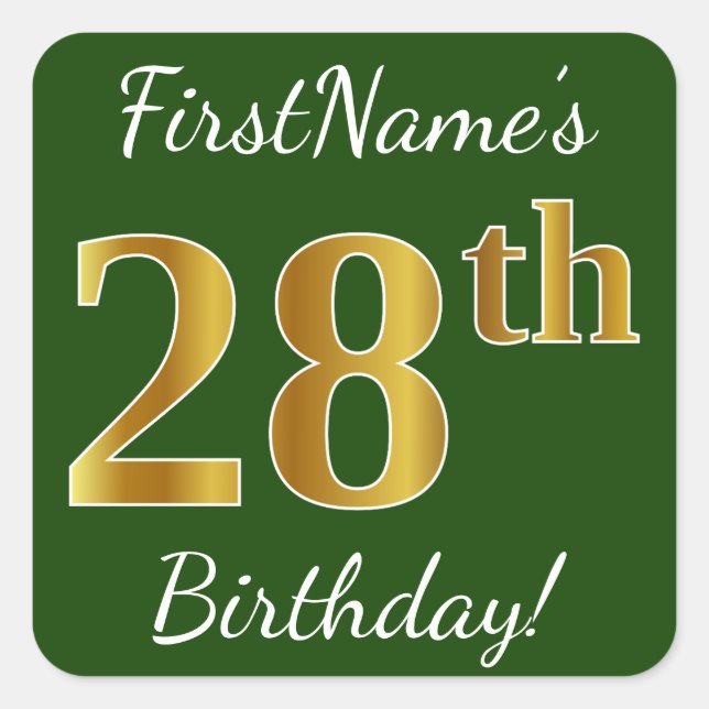 Green, Faux Gold 28th Birthday + Custom Name Square Sticker (Front)