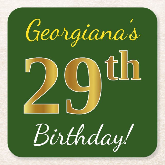 Green, Faux Gold 29th Birthday + Custom Name Square Paper Coaster (Front)