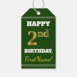 [ Thumbnail: Green, Faux Gold 2nd Birthday + Custom Name Gift Tags ]
