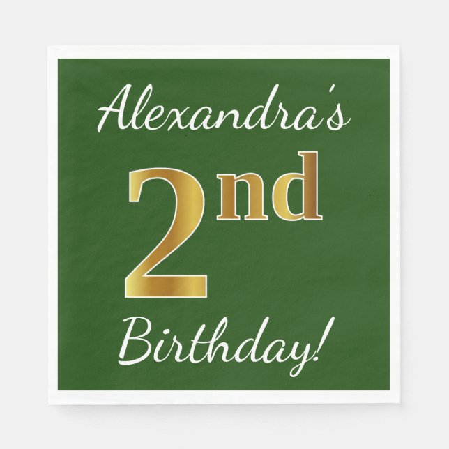 Green, Faux Gold 2nd Birthday + Custom Name Paper Napkins (Front)
