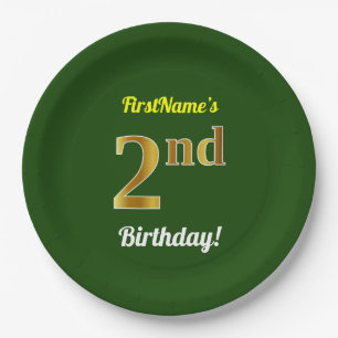 Green, Faux Gold 2nd Birthday + Custom Name Paper Plates