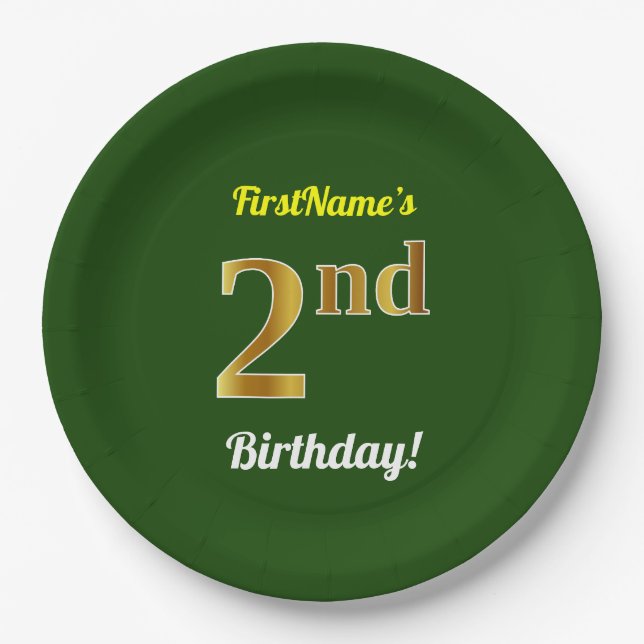 Green, Faux Gold 2nd Birthday + Custom Name Paper Plates (Front)
