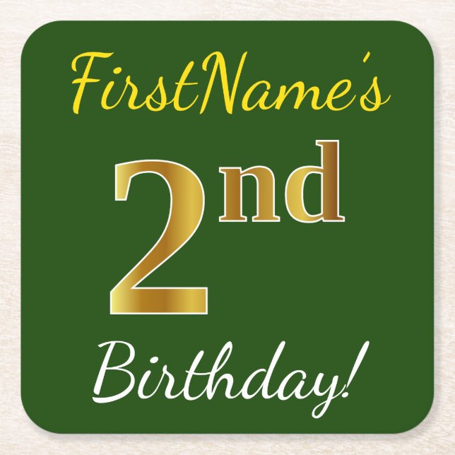 Green, Faux Gold 2nd Birthday + Custom Name Square Paper Coaster (Front)